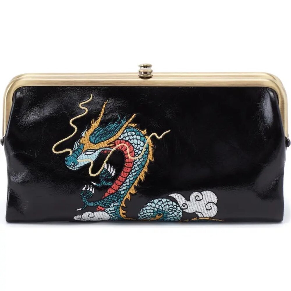 HOBO International Black Leather Lauren Clutch Wallet -- Embroidered Dragon